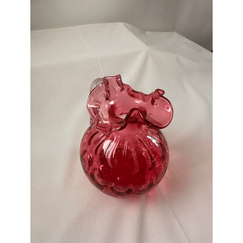 Fenton Cranberry Glass Pitcher Ruffled Rim Applied‎ Reeded Handle Optic Rib Red
